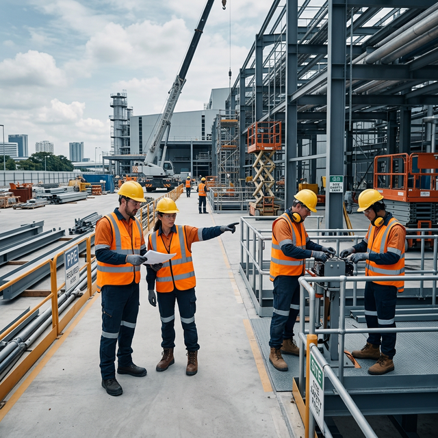 Zespół specjalistów BHP firmy BAJLEX na tle budowy przemysłowej
