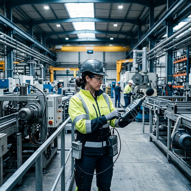 Pomiary czynników szkodliwych — specjalista mierzący poziom hałasu na stanowisku pracy