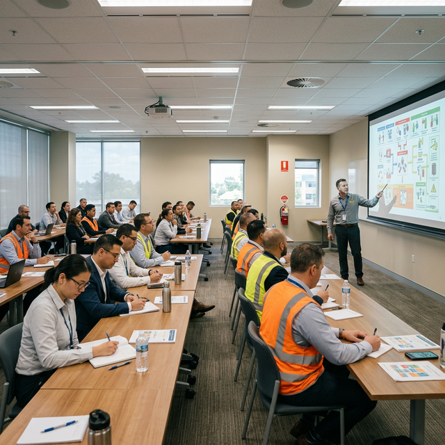 Pracownicy na szkoleniu okresowym BHP — szkolenia wstępne i okresowe